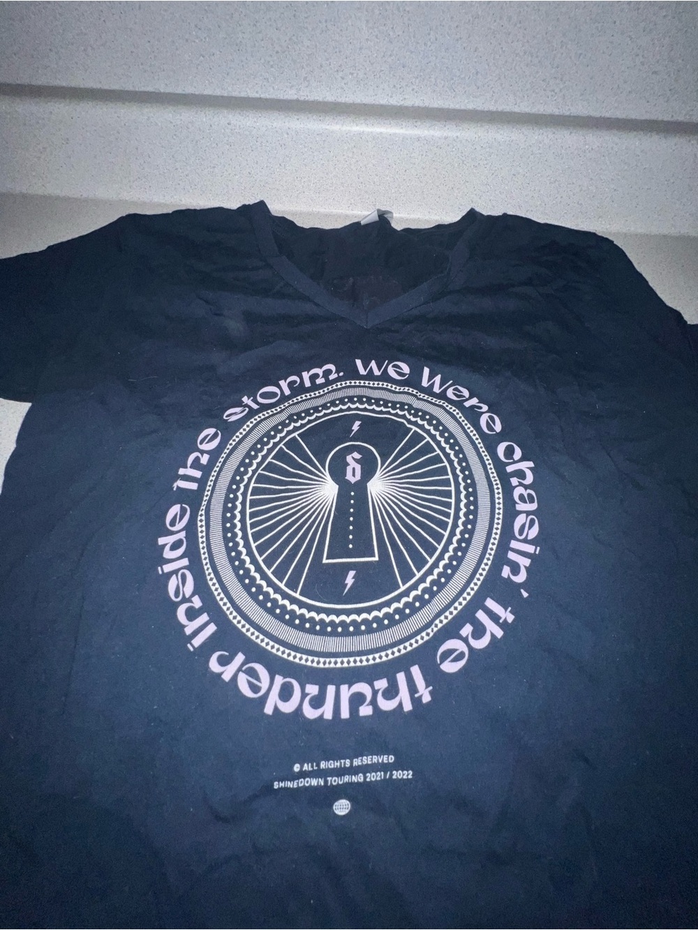 Fruit of the Loom Black Graphic Band Tee with Pink Circular Lighthouse Print